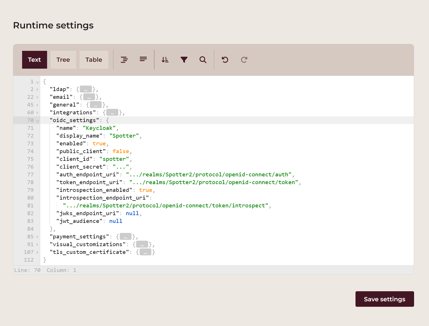 Example runtime settings for confidential clients