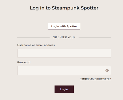 Steampunk Spotter App log-in form now featuring a Single Sign-On button